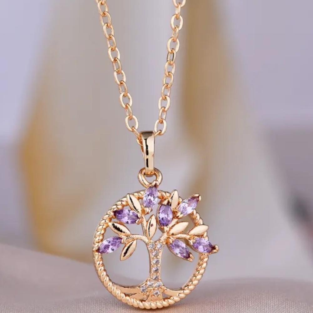 Gold Tree of Life Necklace with Purple Crystal Leaves